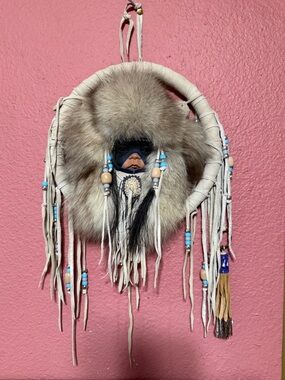 Native American Spirit Mask Ceramic & Real Fur Suede Fox Wall Hanging